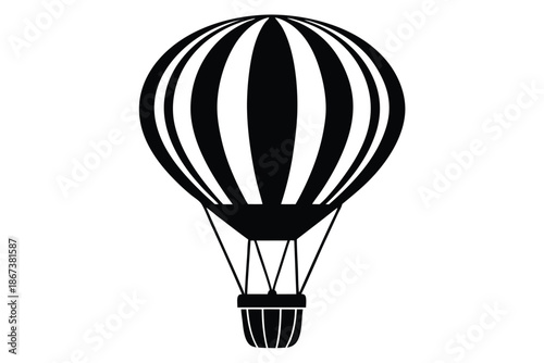 Sleek Hot Air Balloon Silhouette Design, Contemporary Black and White Vector Art for Modern Lifestyle and Travel Blog Graphics Isolated on White