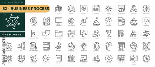 A collection of Business Process icons set with editable stroke, including Office, flip board, employee, presentation, document, lesson, process, hire, global, online. Thin linear vector illustration
