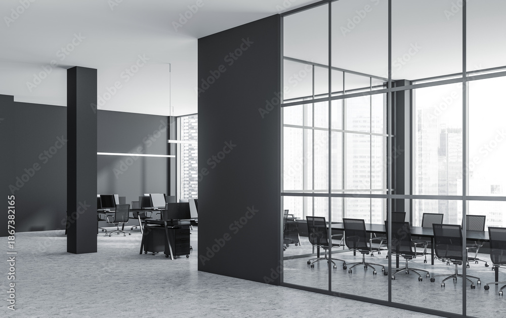 Naklejka premium Spacious office interior with modern furniture and glass conference room, minimalistic style, cityscape background, concept of professional workspace, 3D Rendering