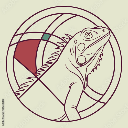 Minimalist iguana line art emblem in circular composition. Clean vector illustration with monoline style, suitable for logo, tattoo, branding, and modern graphic design.