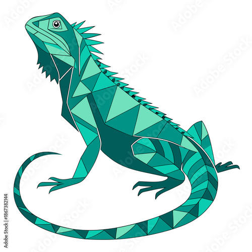 Modern geometric iguana made of polygon shapes. Clean flat vector illustration with bold colors, perfect for branding, mascot, poster, logo, and contemporary design projects.