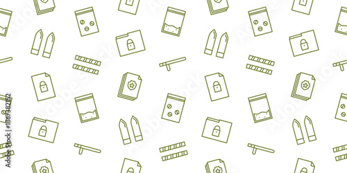 Seamless Security and Justice Pattern with Law Enforcement Elements Bullet, Evidence Bag, Baton, Document, and Police Badge. For Legal, Crime, Prints, and Safety Professional Designs