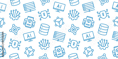 Seamless AI technology pattern with artificial intelligence, big data, machine learning, cloud computing, and cyber security icons. Vector background for digital transformation and tech design.