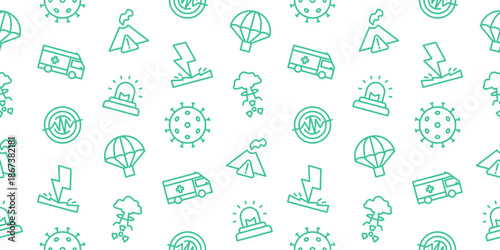 Seamless emergency relief pattern with humanitarian aid icons of ambulance, rescue parachute, volcano, biohazard, and warning siren. Vector background for disaster management designs