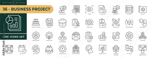 A collection of Business Project icons set with editable stroke, including Management, cost, mailing, investment, risk, presentation, project, meeting, efficiency, tea. Thin linear vector illustration