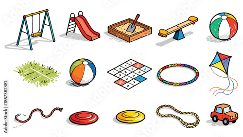 Assorted vibrant playground equipment and toys arranged neatly on a white background showcasing leisure activities for children