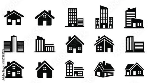 Collection of various black house and building icons on a white background