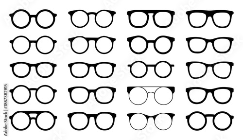 Collection of black eyeglasses with various frame shapes and styles spectacles eyewear