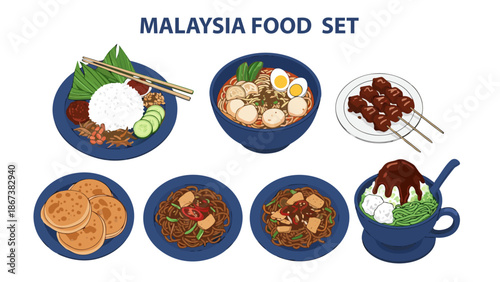 Malaysia Food Set Vector Illustration A Culinary Collection of Traditional Malaysian Dishes