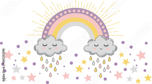 Cute Rainbow with Sleeping Clouds and Colorful Raindrops Pastel Nursery Scandinavian Style Flat Vector Illustration