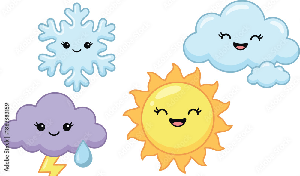 Fototapeta premium Cartoon weather icons, sun, cloud, snowflake, thunderstorm, smiling faces, kids theme, cheerful style, flat vector illustration