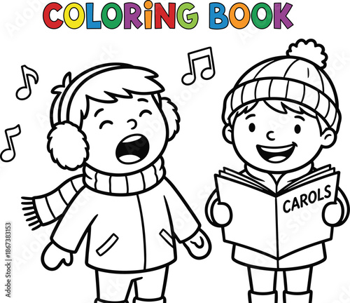 Christmas carol singing kids, winter clothes, festive holiday, music notes, joyful children, coloring book page, flat vector illustration