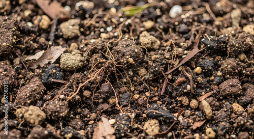 Close-up view reveals rich earth, speckled with stones, decaying leaves, and intricate root systems, symbolizing natural growth