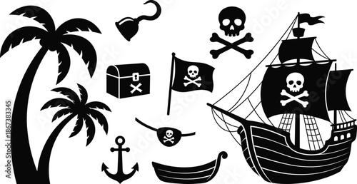 Pirate icons silhouette, treasure chest, skull, ship, anchor, flag, hook, eye patch, tropical island, flat vector illustration