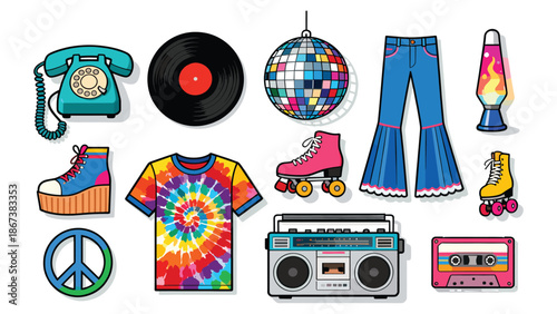 Vintage 1960s fashion and entertainment items displayed on a clean white background