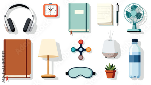 A collection of relaxation essentials including headphones, a journal, and a water bottle arranged neatly on a clean surface