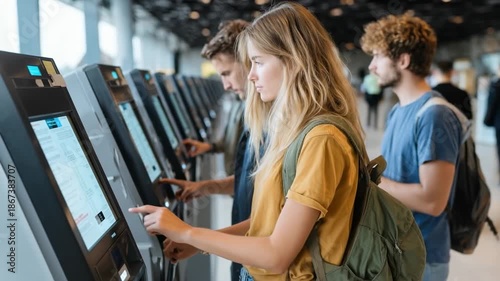 Young travelers using self-service check-in kiosks at airport terminal for digital boarding and tickets