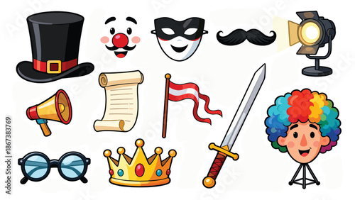 A collection of theatrical elements including masks, props, and costumes on a white background