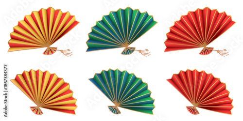 Vector cartoon Chinese folding fan set of bright green, red and yellow red colors isolated on white. Open paper hand fan with tassel. Clipart for Asian women's accessories or oriental illustration.
