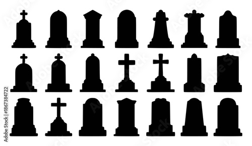 Collection of black silhouette tombstone and cross gravestone shapes white