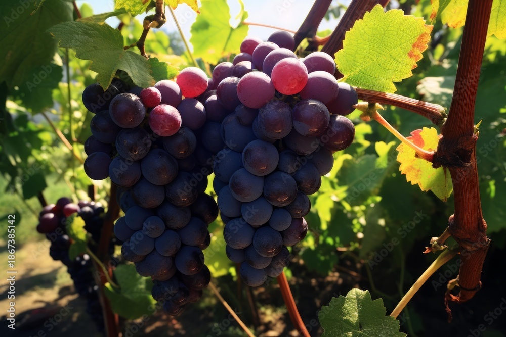 Fototapeta premium Clusters of dark red grapes ripening on a sunlit vineyard vine