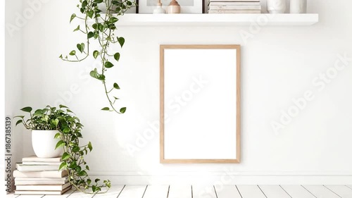 a minimalist room with a blank picture frame and lush green plants . use as multipurpose tittle intro, background. product mockup. motion graphics background