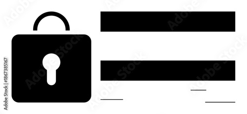 Padlock beside blacked-out text bars indicating secure information, restricted access. Ideal for digital privacy, cybersecurity, encryption, information protection, safety, confidentiality, simple