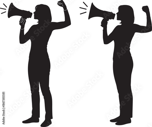 Silhouette of woman with megaphone giving announcement