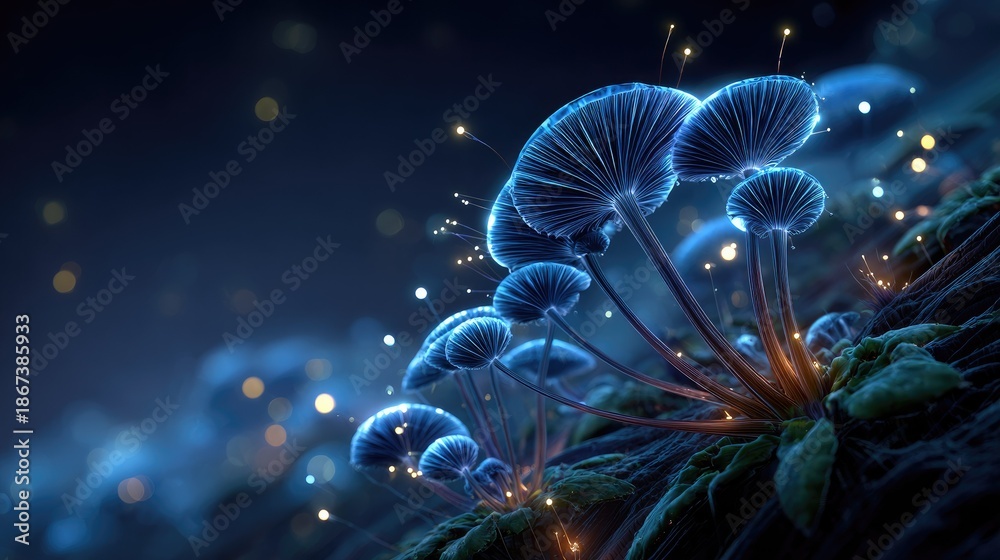 Obraz premium Luminous Mushrooms in the Dark: A mesmerizing display of bioluminescent mushrooms illuminates a dark forest floor, their ethereal glow creating a magical and surreal atmosphere.