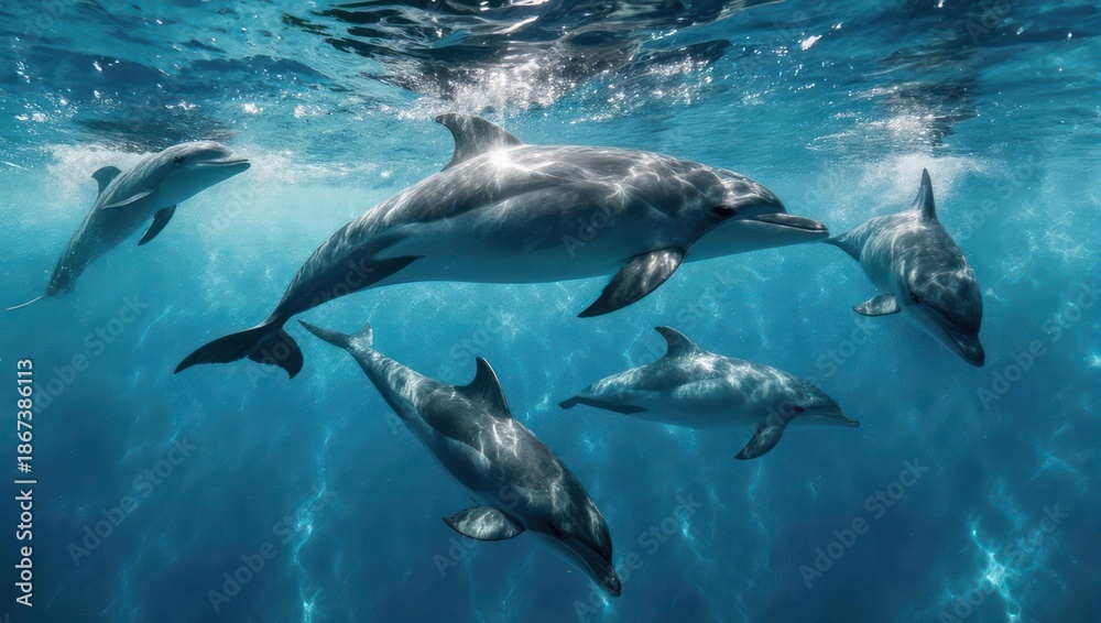Fototapeta premium Dolphins swimming in clear blue ocean water, playful marine life.