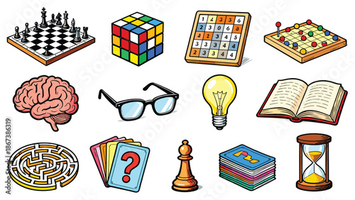 Collection of puzzle and strategy game icons, brain teaser illustrations, and intellectual challenge symbols displayed together