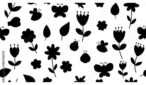 Children’s floral seamless pattern with insects leaves and flowers on light grey