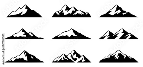 Stylized black and white mountain peak with snow accents mountains peaks
