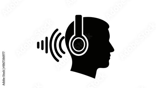 Silhouette of Human Head Wearing Headphones with Sound Waves on Isolated White Background
