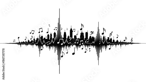 Dynamic abstract sound wave with scattered musical notes, visualizing rhythm and melody on a bright studio background for creative projects.