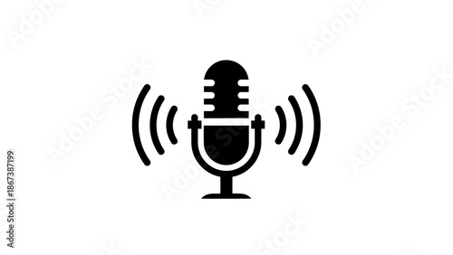 Modern black microphone icon with active sound waves emitting on an isolated white background, representing broadcasting or podcasting communication.
