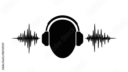 Black Silhouette Headphones with Audio Waveform, Isolated White Background