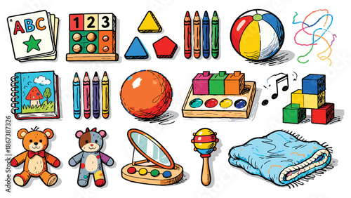 A colorful array of children's toys and objects arranged neatly for playtime or learning activities.