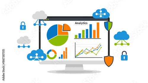 Vector illustration set of business infographic elements featuring a bar chart and data icons for web design and social network templates