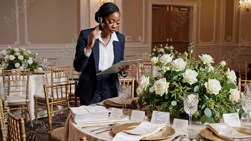 Wedding Planner Arranging Place Cards on Table at Reception Venue