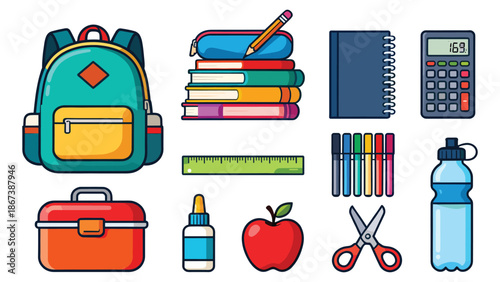 Assorted school supplies including backpack, books, calculator, notebook, colored pencils, ruler, lunchbox, glue, apple, scissors, and water bottle neatly arranged on a plain white background