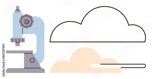 Scientific innovation, data storage, research processes, technological advancements, cloud computing, science education. Image features a microscope and cloud symbols. Scientific innovation and data