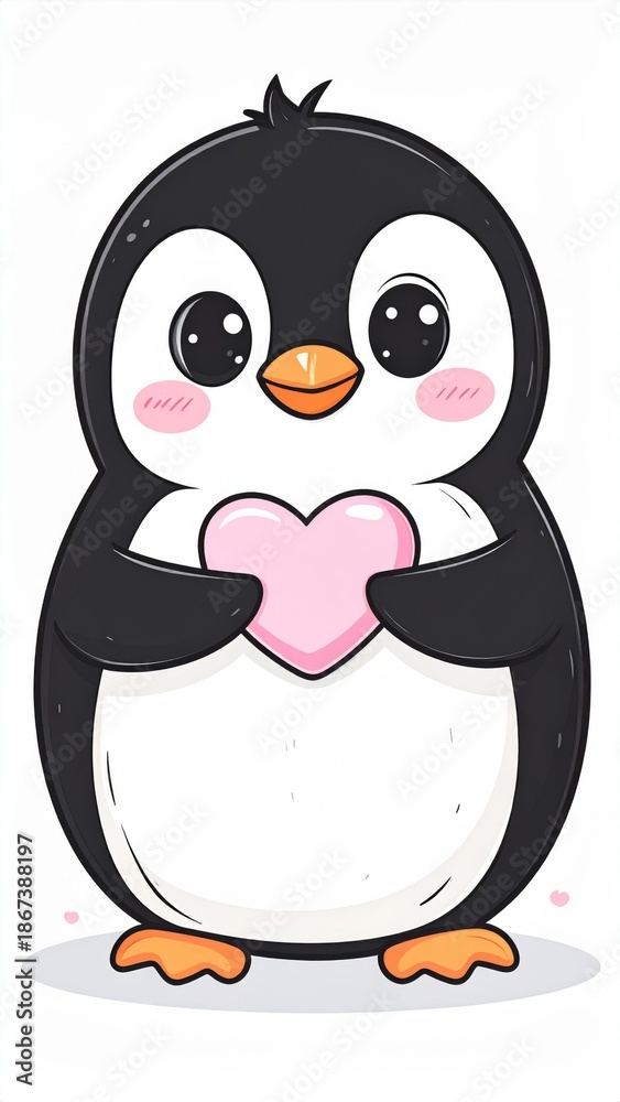 Fototapeta premium Cute Penguin Holding a Pink Heart on White Background Digital Illustration