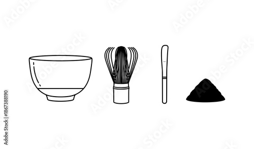 Hand drawn style matcha tea ceremony tools outline vector illustration