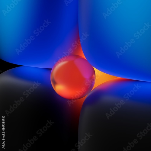 Abstract geometric blue background with neon light and red ball. Minimalist 3d illustration