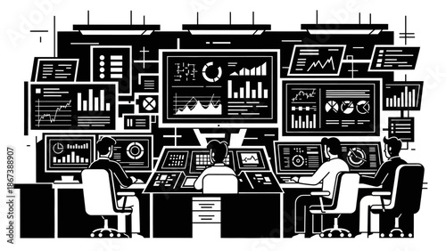 Analysts Working in High-Security Control Room with Multiple Data Screens, Black and White Illustration