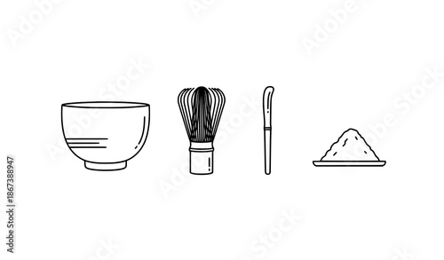 Minimal matcha tea preparation tools outline vector set