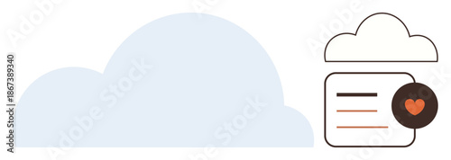 Data storage, cloud services, secure backup, online sharing, digital technology, and user engagement. A cloud shape paired with a file and heart icon. Data storage and cloud services concepts