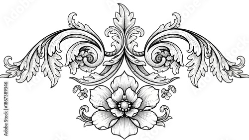 Ornate floral design with intricate scrolls and a central blossom, classical decorative element, isolated white background.