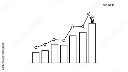 Business growth bar chart with an upward trend line and a figure at the peak, isolated white background.